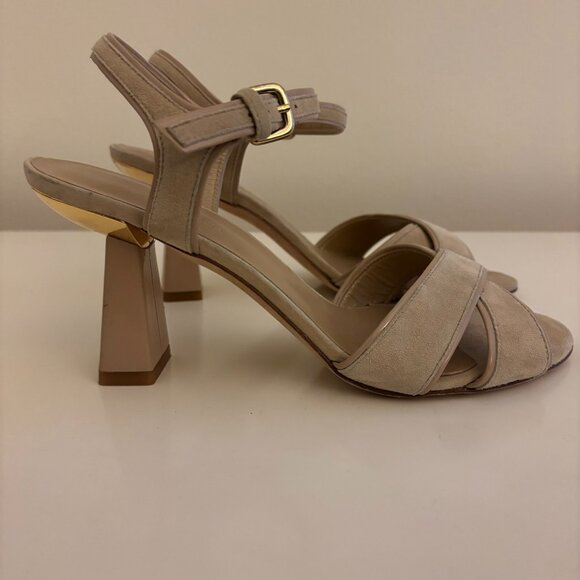 Stuart Weitzman Suede Cross Front Sandals with Sculpted Gold Trim Heel - Picture 1 of 8